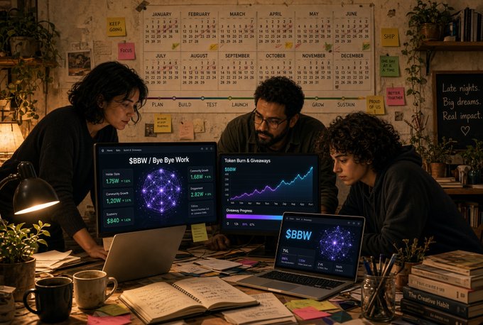 A dimly lit scene of three people gathered around a table looking at laptops displaying a dashboard titled "$BBW / Bye Bye Work" with graphs and token data, with a calendar and notes on the wall behind them.