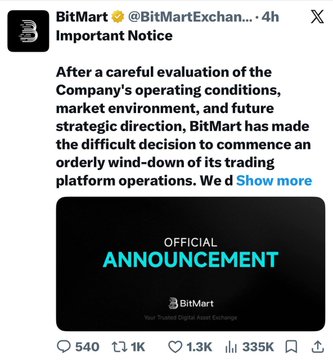 A tweet from BitMart (@BitMartExchange) containing an 'Important Notice' announcing the orderly wind-down of its trading platform operations due to operating conditions, market environment, and strategic direction.