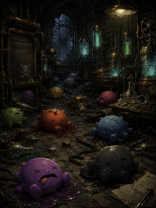 A dark fantasy digital artwork depicts a gothic laboratory where colorful, stitched-up blob creatures lie scattered on the floor among broken vials, machinery, and glowing tanks, with a skull-and-crossbones sign reading "PROSTODDS EXPERIMENT #47 STABILITY: 23% FAILED".