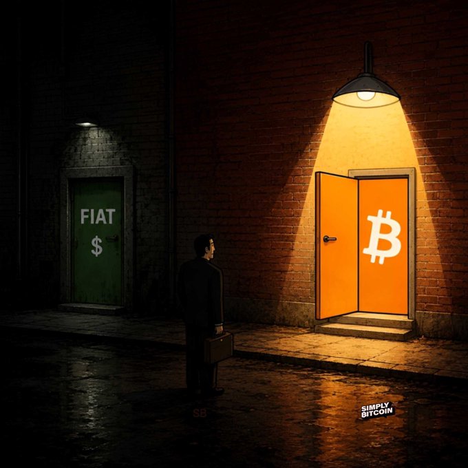 A digital illustration titled 'Simply Bitcoin' depicts a man in a suit with a briefcase standing in a dark alleyway, choosing between a green door marked 'FIAT $' and a brightly lit orange door marked with the Bitcoin symbol.