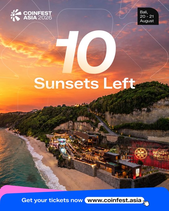 A promotional poster for 'COINFEST ASIA 2026' in Bali, featuring a sunset beach view with '10 Sunsets Left' and a call to 'Get your tickets now' at www.coinfest.asia.