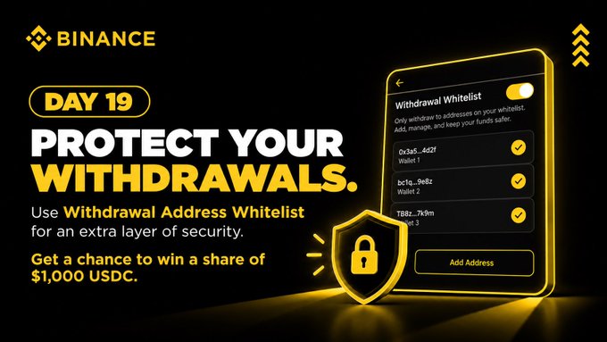 A Binance promotional graphic featuring 'DAY 19' and 'PROTECT YOUR WITHDRAWALS' with a 'Withdrawal Whitelist' interface showing wallet addresses, promoting a chance to win $1,000 USDC.