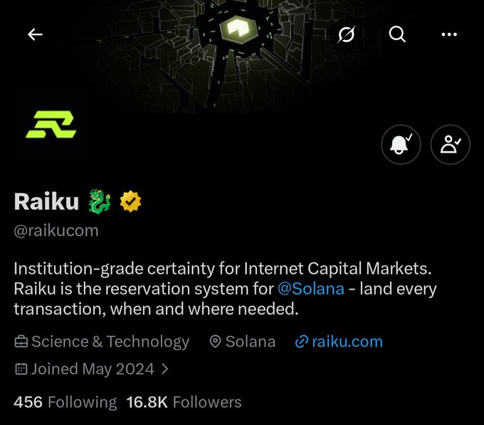 Twitter/X profile for 'Raiku 🐉 ✅' (@raikucom) describing itself as 'Institution-grade certainty for Internet Capital Markets' and the reservation system for @Solana, joined May 2024 with 16.8K followers.