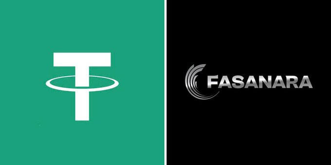 A split image displaying the Tether logo (white "T" with an orbital ring) on a green background alongside the Fasanara logo (with its signature swirling design) on a black background, representing the two firms behind the newly launched $400 million private credit fund StableFund.