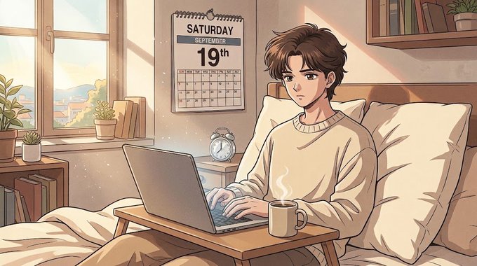 An anime-style illustration of a brown-haired young man in a cream sweater working on a laptop while sitting in bed with a coffee mug beside him; a wall calendar shows "SATURDAY SEPTEMBER 19th".