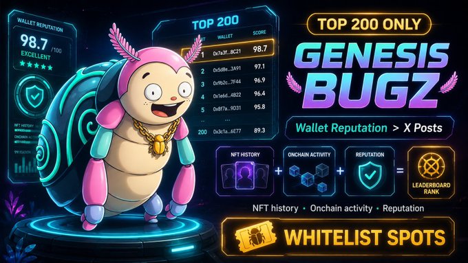 This promotional graphic for the Genesis Bugz campaign on Nucleus announces that the top 200 leaderboard spots are awarded based on wallet reputation—including NFT history and on-chain activity—rather than X posts. The artwork features a colorful insect character alongside a "Top 200" leaderboard showing various scores and a call to action for "Whitelist Spots."