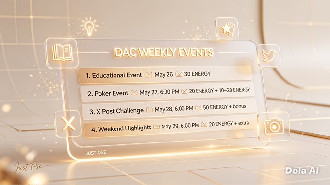 The image features a poster for an upcoming event at a casino, specifically focusing on the @dac_chain Discord community. The poster displays various icons representing different types of events that will be taking place during this week. These include educational events, poker challenges, and weekend highlights. The poster also includes information about how to participate in these events by stacking up ENERGY points needed for certain roles within the server.