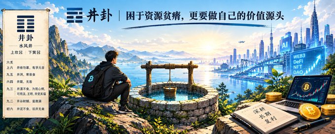 An illustrated graphic features Chinese text '井卦' and '因于资源贫瘠，更要做自己的价值源头' alongside a man at a wishing well, with a futuristic cityscape showing AI, WEB3, DeFi, NFT, and DAO symbols.