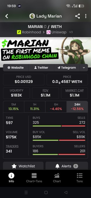 A DexScreener mobile app screenshot showing the 'Lady Marian / MARIAN / WETH' token marketed as 'THE FIRST MEME ON ROBINHOOD CHAIN' with a price of $0.001129.