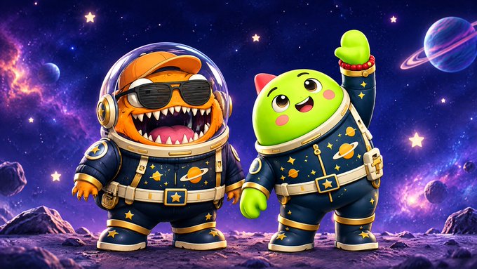 A 3D cartoon illustration shows an orange dinosaur-like character wearing sunglasses and a green character, both dressed in matching dark blue astronaut suits with star and planet motifs against a cosmic space background.