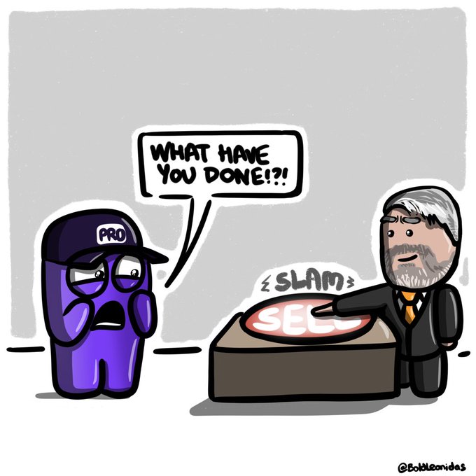 A cartoon illustration by @Bubbleonides showing a shocked purple Among Us 'PRO' character exclaiming 'WHAT HAVE YOU DONE!?!' while a bearded man in a suit slams a red SELL button on a podium.