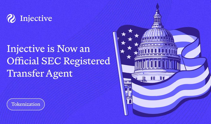 A promotional graphic with a blue background showing an illustration of the U.S. Capitol dome and an American flag, with text reading 'Injective' and 'Injective is Now an Official SEC Registered Transfer Agent,' tagged with 'Tokenization'.