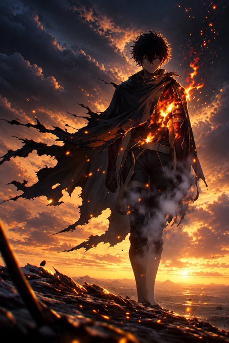 An anime-style illustration of a dark-haired warrior in a tattered black cloak, with fire and embers swirling around him as he stands against a dramatic sunset sky.