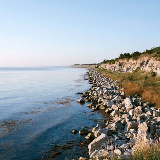 A serene coastal landscape featuring calm blue waters alongside a rocky shoreline with white boulders and eroding white cliffs topped with green vegetation under a clear sky.