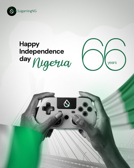 A promotional graphic celebrating Nigeria's 66th Independence Day, featuring a person holding a gaming controller and the text "Happy Independence day Nigeria" alongside a Nigerian flag.