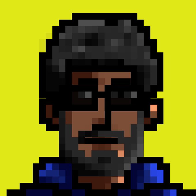 A pixel art portrait of a dark-skinned character with a helmet or short hair against a bright yellow background, in a retro video game style.