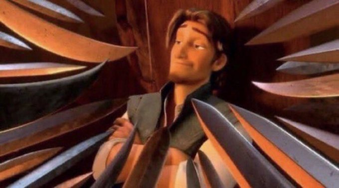 An animated character with brown hair and a smug expression stands with arms crossed, surrounded by numerous sharp blades.
