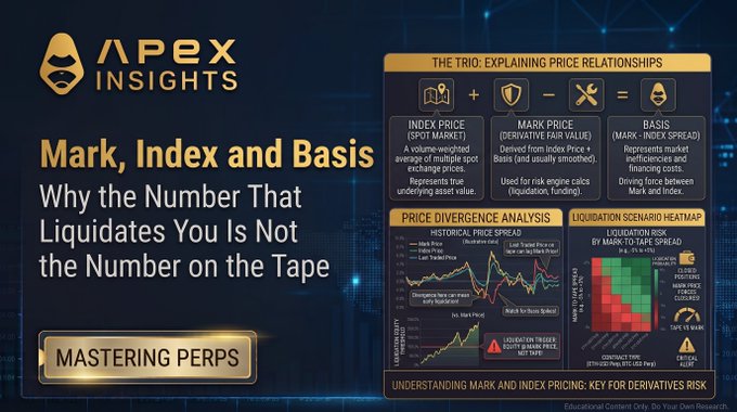 The image is an Apex Insights educational graphic titled "Mark, Index and Basis: Why the Number That Liquidates You Is Not the Number on the Tape," which visually breaks down the trio of price relationships in perpetual futures trading — Index Price (spot market), Mark Price (derivative fair value), and Basis (mark-index spread) — using the formula Index + (Mark − Index) = Basis, alongside charts for price divergence analysis and liquidation scenario heatmaps. It directly supports the post's message that perpetuals have three distinct prices, explaining why the chart price differs from the mark price used for liquidations and the index price used for funding.