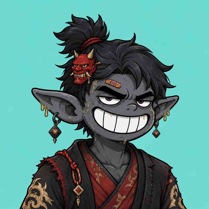 A cartoon-style illustration of a dark-skinned demon-like character with pointed ears, a red oni mask in his messy black hair, sharp teeth grin, and dark robes on a teal background.
