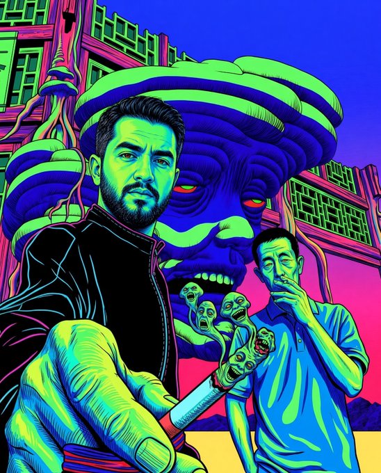 Vibrant, surreal digital illustration in neon colors depicting two men, a giant face in the background, and small screaming figures attached to a tool.