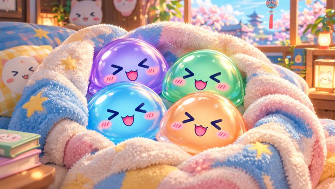 Four colorful translucent slime-like creatures with cute, smiling faces rest together in a fluffy, pastel-colored blanket surrounded by plush toys and books.