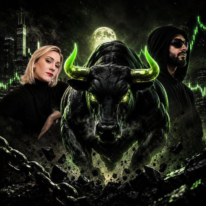 A dramatic digital artwork features a charging black bull with glowing green horns and eyes, flanked by a blonde woman on the left and a hooded man with sunglasses on the right, set against a dark cityscape and full moon.