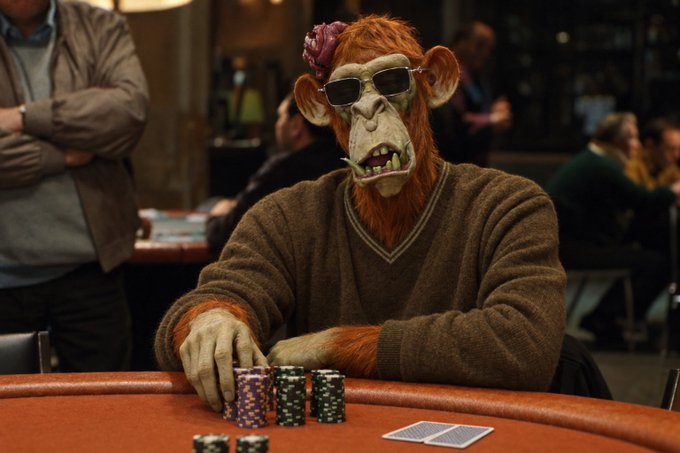 A person in a chimpanzee costume wearing sunglasses and a brown sweater sits at a poker table with chips and cards, with other people visible in the blurred background.