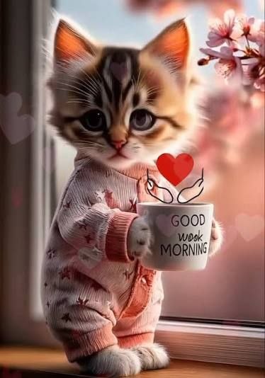 An adorable kitten wearing pink pajamas holding a 'GOOD Morning' mug with a red heart, sitting by a window with cherry blossoms in the background.