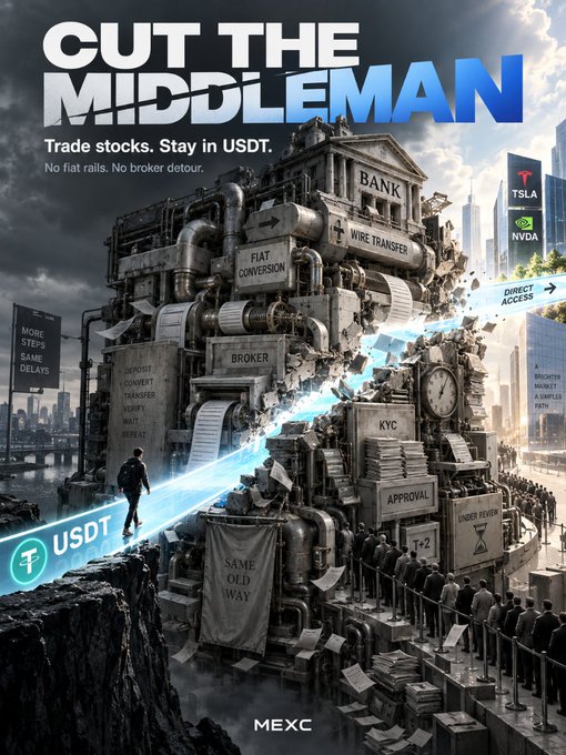 A dramatic crypto/financial advertisement with the headline 'CUT THE MIDDLEMAN' and tagline 'Trade stocks. Stay in USDT. No fiat rails. No broker detour.', showing a figure walking a USDT path over a chaotic landscape of 'BANK', 'BROKER', 'KYC', and 'WIRE TRANSFER' obstacles, branded with the MEXC logo.