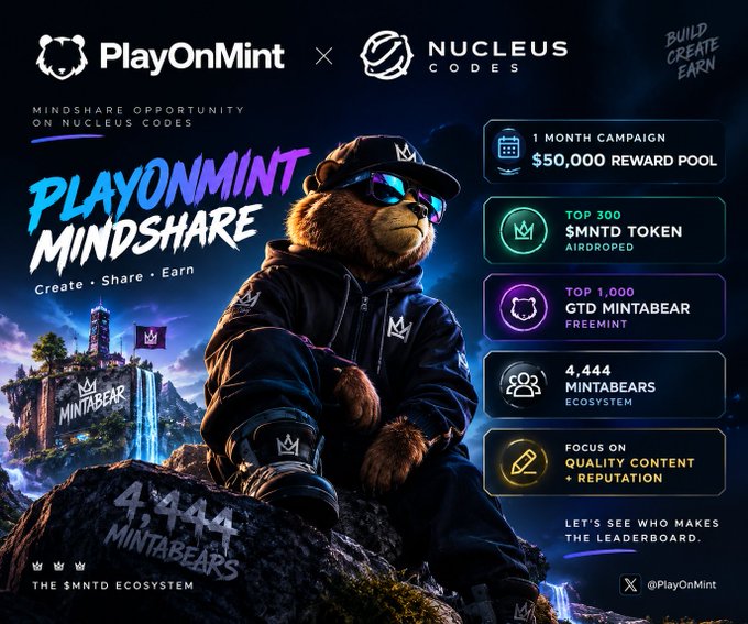 A promotional graphic for 'PlayOnMint x Nucleus Codes' featuring a bear character in a hoodie and sunglasses, advertising a 1-month campaign with a $50,000 reward pool, top 300 $MNTD token airdrops, top 1,000 GTD Mintabear freemints, and 4,444 Mintabears ecosystem.