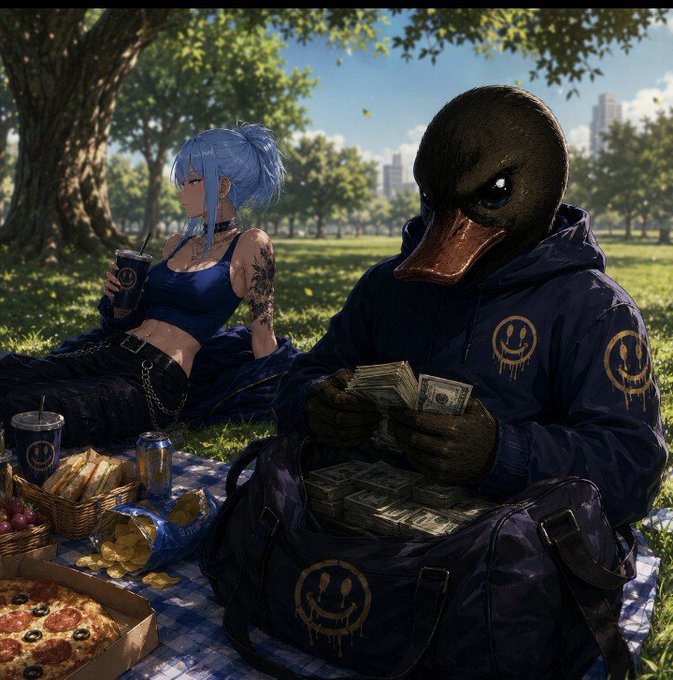 A duck in a hoodie sits on a picnic blanket counting stacks of cash from a duffel bag marked with dripping smiley faces, while a blue-haired woman relaxes beside him with takeout food and drinks in a sunny park. The scene matches the post's vibe of a chill Sunday after a successful week, tying into the edgy, money-themed branding of @educkcoin and $EPIK.