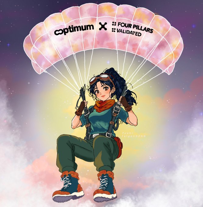 An anime-style illustration shows a character descending via parachute emblazoned with "optimum x FOUR PILLARS VALIDATED," wearing pilot goggles and utility gear against a dreamy cloud-filled sky. The parachute branding cleverly mirrors the post's announcement, visually framing the partnership between Optimum and Four Pillars Validated as a smooth, high-impact "landing" for ETH staking in the Korean market.