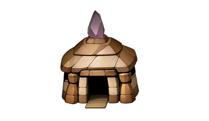 A digital illustration of a small brown stone hut or hut-like structure topped with a purple crystal, resembling a fantasy game building.