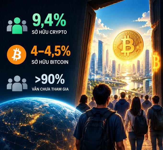 The image highlights that only 9.4% of the global population owns crypto, 4-4.5% own Bitcoin, and over 90% have yet to participate, visually contrasting a crowd gazing at a bright Bitcoin-symbolized future city against Earth, symbolizing the vast untapped market potential.