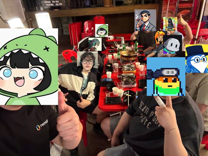 A group of people seated around a red dining table, with their faces covered by various cartoon and character images like a green-hooded chibi, a Naruto character, and a peace sign emoji.