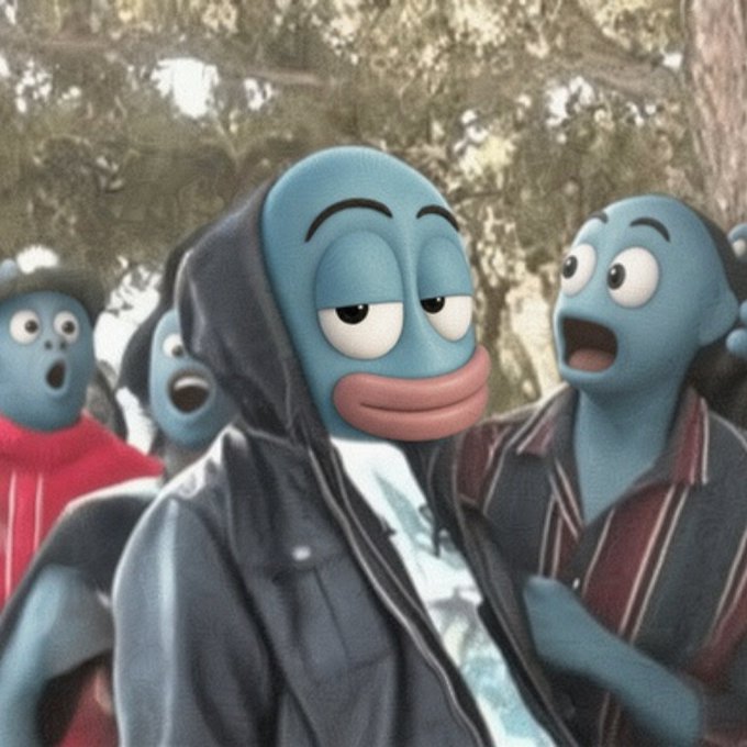 A group of blue fish-like characters, with the central figure wearing a black hooded jacket displaying a bored, deadpan expression while another beside it appears shocked.