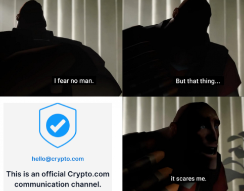 A four-panel meme features a silhouetted figure who declares "I fear no man," then asks "But that thing..." before a cut reveals the Crypto.com verified checkmark with the email "hello@crypto.com," prompting the punchline "it scares me." The joke plays on the platform's iconic blue verified shield, with the figure's fearful reaction to Crypto.com's official communication tying into the celebratory "Happy Friday #CroFam!" message.