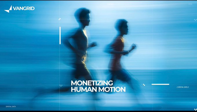 The image features motion-blurred silhouettes of two runners against a vibrant blue background, with the Vangrid logo in the top left and the tagline "MONETIZING HUMAN MOTION" prominently displayed, alongside small "SPATIAL DATA" labels. It visually reinforces the post's message by illustrating how everyday movement—like running—can be captured and transformed into valuable, monetized spatial data through Vangrid's platform.