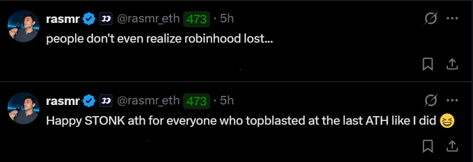 Two tweets from user 'rasmr' (@rasmr_eth) reading 'people don't even realize robinhood lost...' and 'Happy STONK ath for everyone who topblasted at the last ATH like i did 😏'.