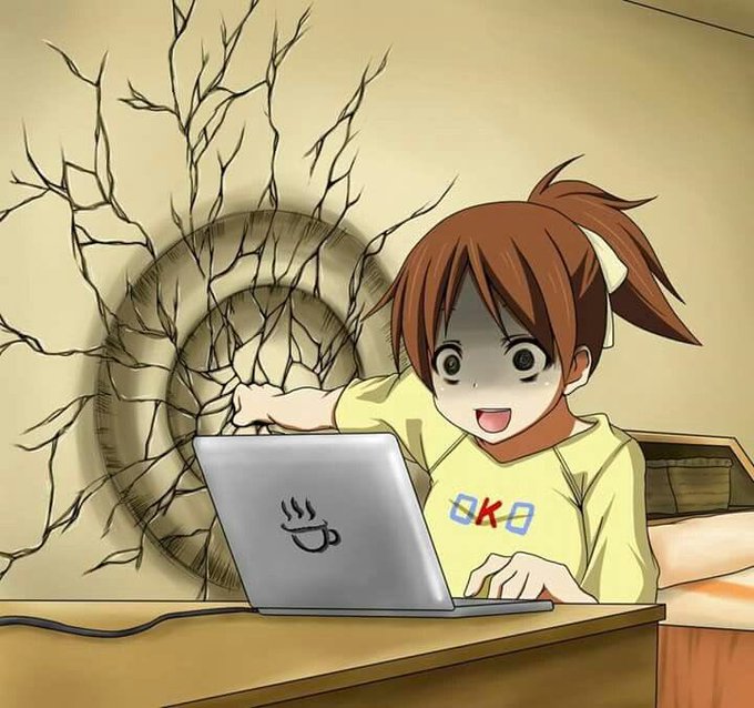 An anime-style illustration of a girl with brown hair using a laptop displaying a coffee cup logo, with cracked walls and a swirling dark pattern behind her.
