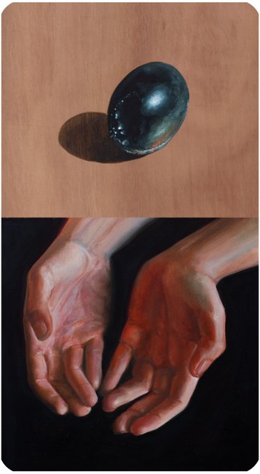 The image features a painting of two hands holding an egg, with one hand positioned above the other. The background appears to be a wooden surface or table. The painting is accompanied by a caption that reads "Black egg on @objktcom 13/15 8 xtz link below". This suggests that the artist has created this piece as part of a larger collection or series and possibly related it to an online platform like Instagram, where users can share their artwork with others.