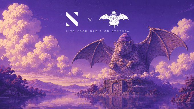 A purple-toned fantasy landscape featuring a large stone bat statue on a pedestal, with logos and the text 'LIVE FROM DAY 1 ON SYNTHRA' displayed in the sky.