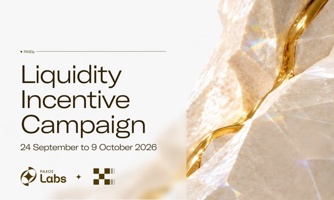 A promotional graphic for the "Liquidity Incentive Campaign" running from 24 September to 9 October 2026, featuring the PAXGy ticker and logos for Paxos Labs and X Layer. The image, with its golden liquid flowing over what appears to be gold bars, visually reinforces the post's message about contributing to the PAXGy/USDG pool on X Layer for boosted rewards.