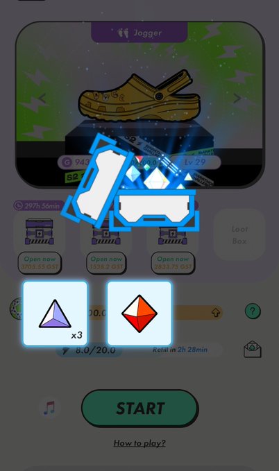 The image shows a mobile game interface for StepN on Polygon, featuring a "Jogger" sneaker NFT at level 29 alongside upgrade options and two gem types (purple and red) with 3 available, culminating in a green "START" button. The screenshot illustrates the "Walk. Sweat. Earn. Repeat." concept from the post, showing the gameplay screen where users can start moving to earn rewards with a referral code displayed.