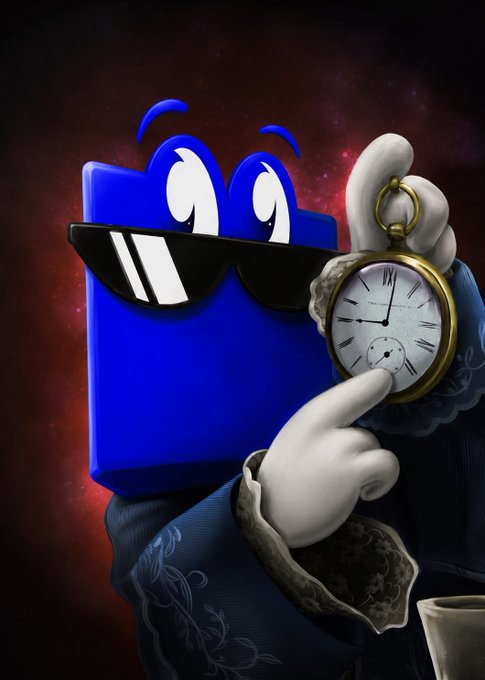 A stylized digital artwork of a blue book character wearing black sunglasses and holding a golden pocket watch, dressed in a Victorian-style outfit with white gloves.