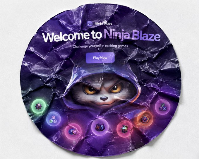 A circular promotional graphic for Ninja Blaze displays a hooded cat character against a purple crystalline background, with the text "Welcome to Ninja Blaze – Challenge yourself in exciting games" and a "Play Now" call-to-action button. The design features colorful game icons arranged in an arc, visually promoting the gaming and betting platform mentioned in the post that supports cryptocurrencies like INJ, USDC, SOL, and NBZ.