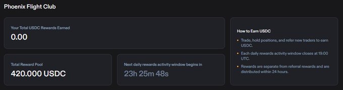 A dashboard for 'Phoenix Flight Club' showing 'Your Total USDC Rewards Earned' at 0.00, a 'Total Reward Pool' of 420,000 USDC, and a countdown timer, with instructions on how to earn USDC via trading and referrals.