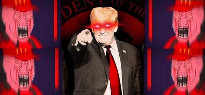 An edited image featuring a cartoonish figure with blonde hair and glowing red eyes in a suit pointing forward, surrounded by red-tinted demonic faces and the text 'DEN OF TH...'.