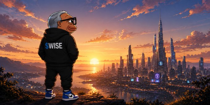 The image features a cartoon character, possibly a man or a boy, standing on top of a cliff overlooking a cityscape at sunset. The character appears to be wearing glasses and has a backpack with them. In the background, there are tall buildings that seem to be part of the city's skyline. The text "To everyone supporting $WISE today We see you Thank you for being here from the beginning" is written in the image, which suggests that this scene might be related to an advertisement or promotional material for a company named WISE.