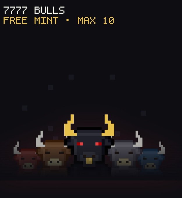 A pixel art promotional image for "7777 BULLS" featuring five bull characters with varying color schemes (red, brown, black, gray, and blue) set against a dark background. The text reads "7777 BULLS" and "FREE MINT • MAX 10," promoting a free mint event with a maximum of 10 per participant, aligning with the celebratory tone of the $ANSEM ecosystem post.